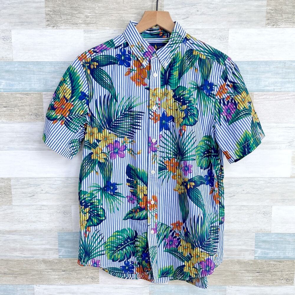 Ralph Lauren Natural Stretch Poplin Shirt Blue Floral Stripe Vacation Boys XL 18
